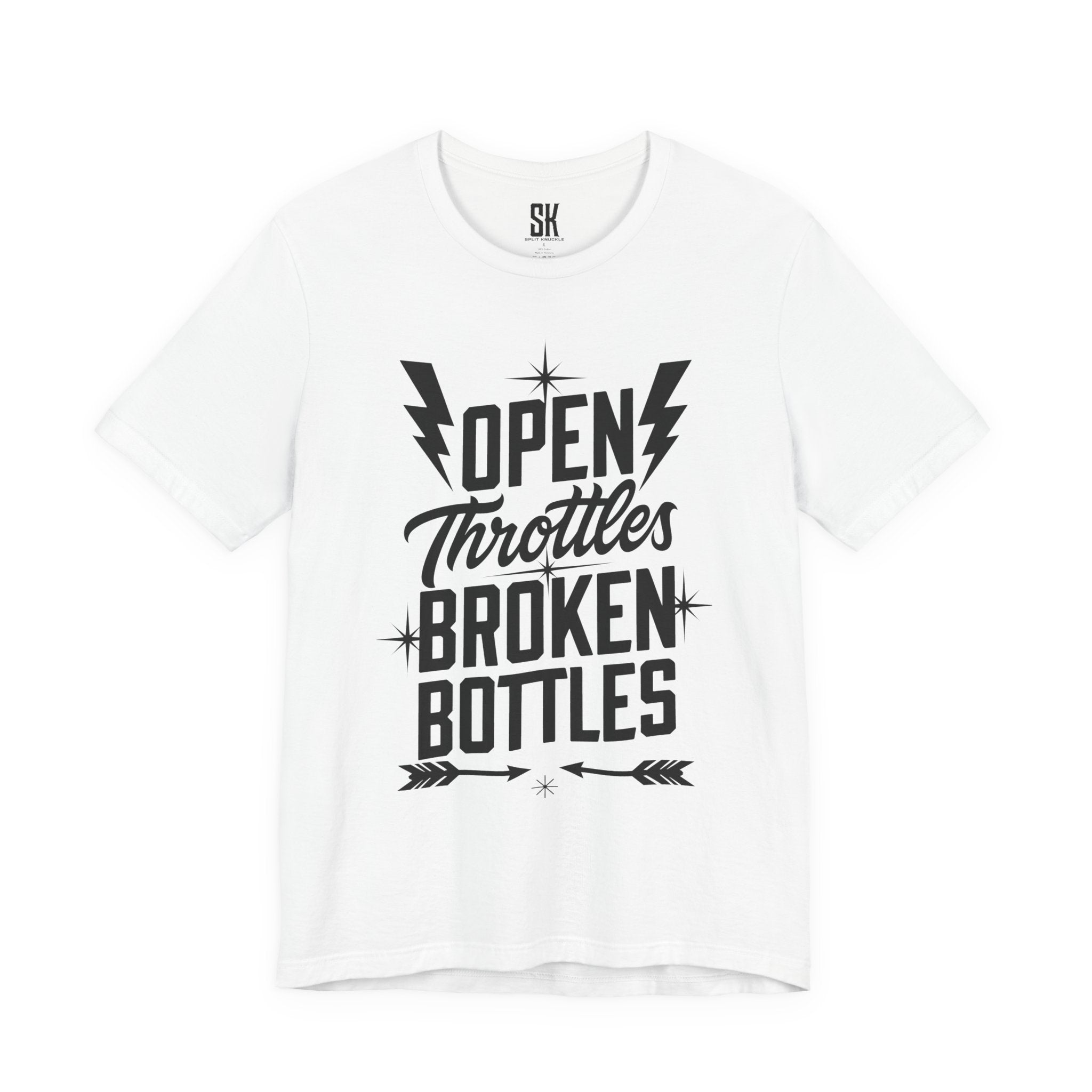 Open Throttles Broken Bottles | Bold Distressed Outlaw T-Shirt | White