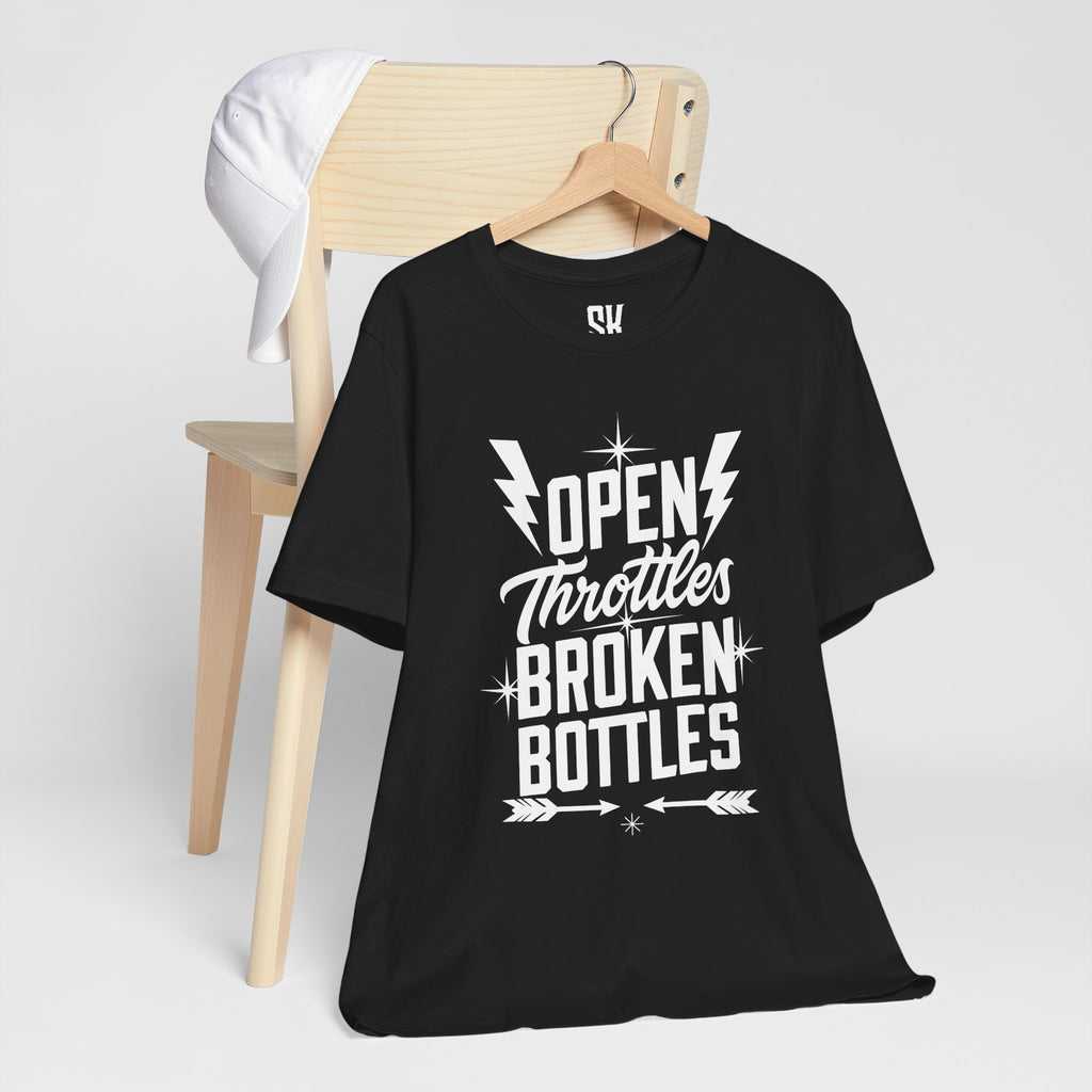 Open Throttles Broken Bottles | Bold Distressed Outlaw T-Shirt | Black
