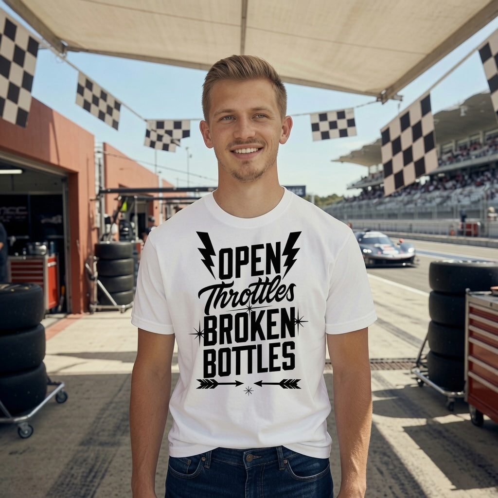 Open Throttles Broken Bottles | Bold Distressed Outlaw T-Shirt | White