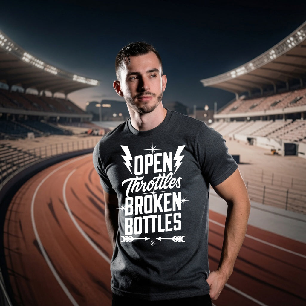 Open Throttles Broken Bottles Outlaw T-Shirt | Distressed Vintage Rebel Tee | Heather Dark Grey