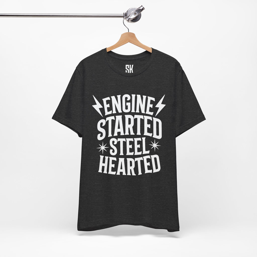 Engine Started Steel Hearted Outlaw T-Shirt | Distressed Vintage Rebel Tee | Heather Dark Grey