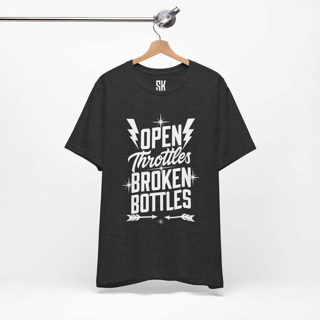 Open Throttles Broken Bottles Outlaw T-Shirt | Distressed Vintage Rebel Tee | Heather Dark Grey