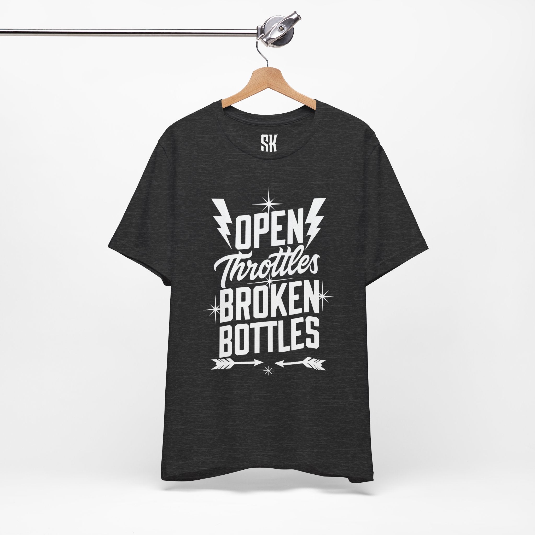 Open Throttles Broken Bottles Outlaw T-Shirt | Distressed Vintage Rebel Tee | Heather Dark Grey